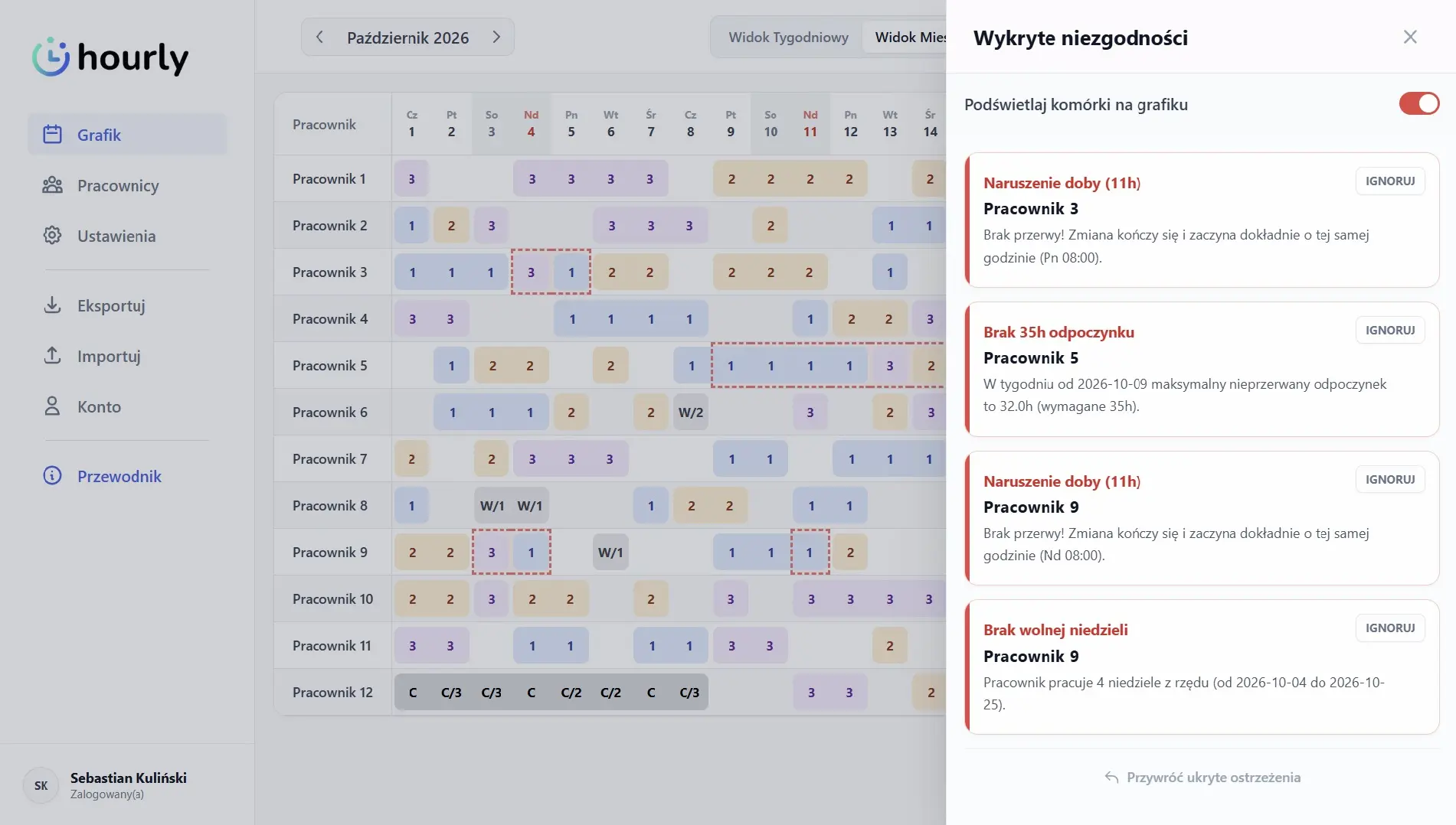 Miesięczny grafik pracy w aplikacji Hourly