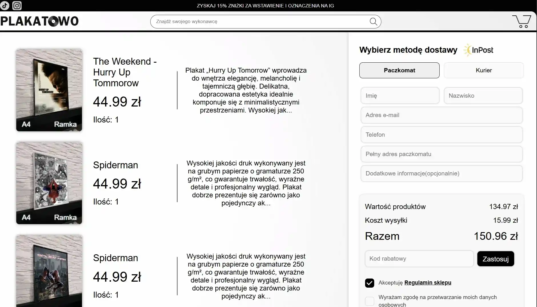 Koszyk Plakatowo z wyborem dostawy i formularzem zamówienia